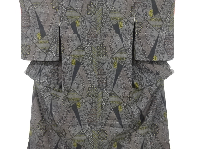 アンティーク　華紋更紗模様織り出し本塩沢着物